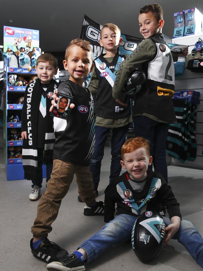 Young Sam Powell-Pepper fans, clockwise from left, Jared Arbon, Wade Thompson, Jye MacKay, Levi Donald and Lenny McDonald. Picture: Sarah Reed