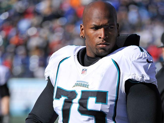 NASHVILLE, TN - DECEMBER 30: Eugene Monroe #75 of the Jacksonville Jaguars attends the sideline during a game against the Tennessee Titans at LP Field on December 30, 2012 in Nashville, Tennessee. (Photo by Frederick Breedon/Getty Images)
