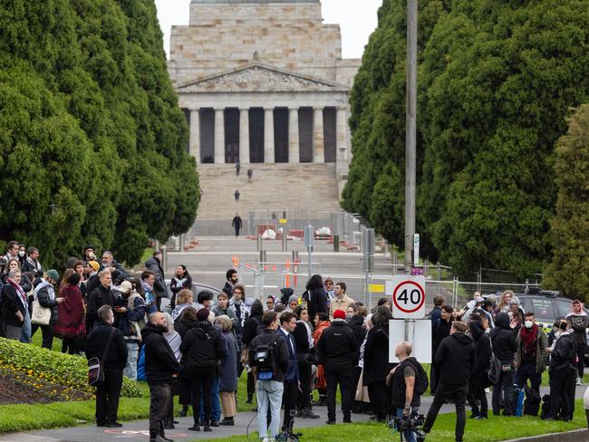 Pro-Palestine protesters gather at the Shrine of Remembrance for a procession to mark the one-year anniversary of the Hamas attack on Israeli festival-goers. Picture: Jason Edwards