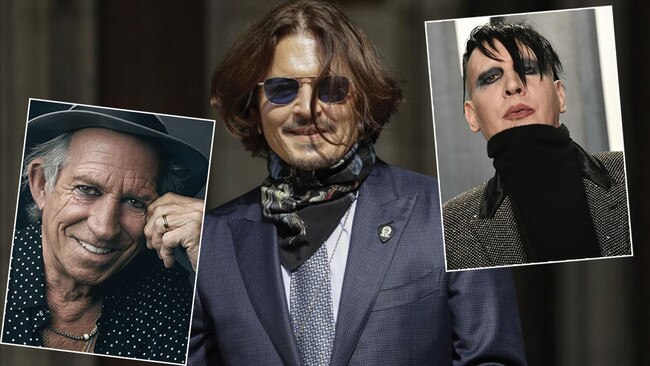 Actor Johnny Depp, centre, and some of his alleged 'rabble rousers': Rolling Stones' Keith Richards, left, and singer Marilyn Manson, right. Pictures: Getty/Supplied/Getty