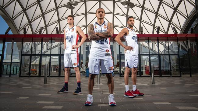 Daniel Dillon (right) with Adelaide 36ers teammates Daniel Johnson and Jerome Randle are set for the New Year’s Day clash with traditional rival Perth Wildcats. Picture: Brad Fleet