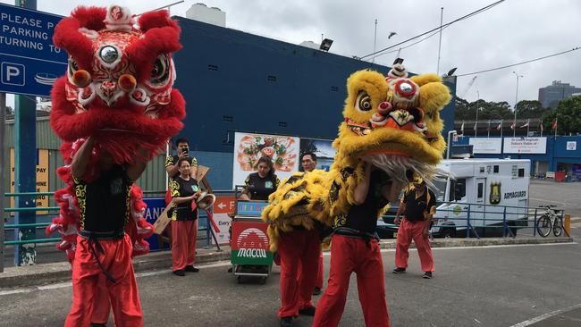 Lion dancers at the Sydney Fish Markets help ring in the Year of the Pig. Picture: Supplied