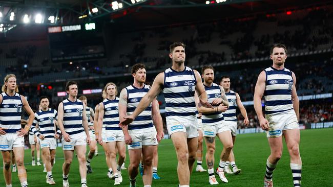 MELBOURNE, AUSTRALIA - AUGUST 19: Tom Hawkins of the Cats looks dejected after a loss during the 2023 AFL Round 23 match between the St Kilda Saints and the Geelong Cats at Marvel Stadium on August 19, 2023 in Melbourne, Australia. (Photo by Dylan Burns/AFL Photos via Getty Images)