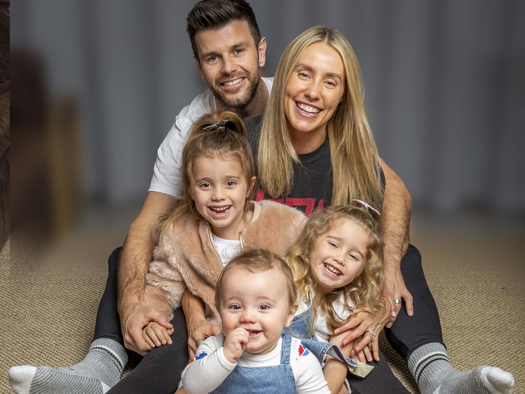 Richmond captain Trent Cotchin, wife Brooke and their three children Harper, 5, Mackenzie, 3 and Parker 10 months.