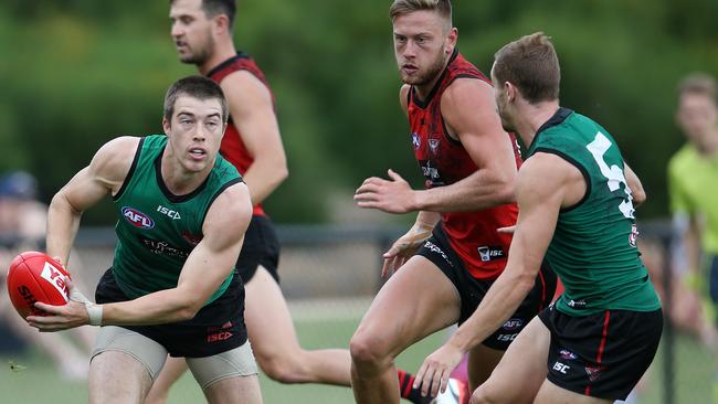 Zach Merrett clears the congestion. Pic: Michael Klein