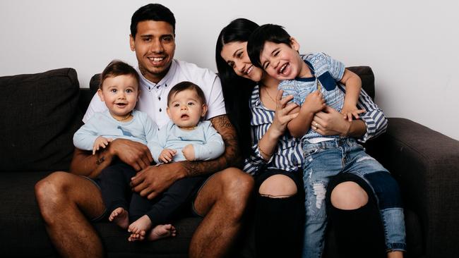 The Kelly gang … Geelong’s Tim Kelly with fiancee Caitlin Miller and sons Tariq, Trey and Tykeem.