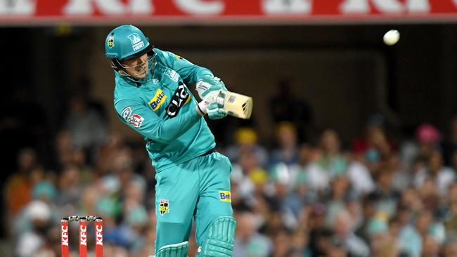 BRISBANE, AUSTRALIA – DECEMBER 17: Tom Banton of the Heat hits the ball over the boundary for a six during the Big Bash League match between the Brisbane Heat and the Sydney Thunder at The Gabba on December 17, 2019 in Brisbane, Australia. (Photo by Bradley Kanaris/Getty Images)