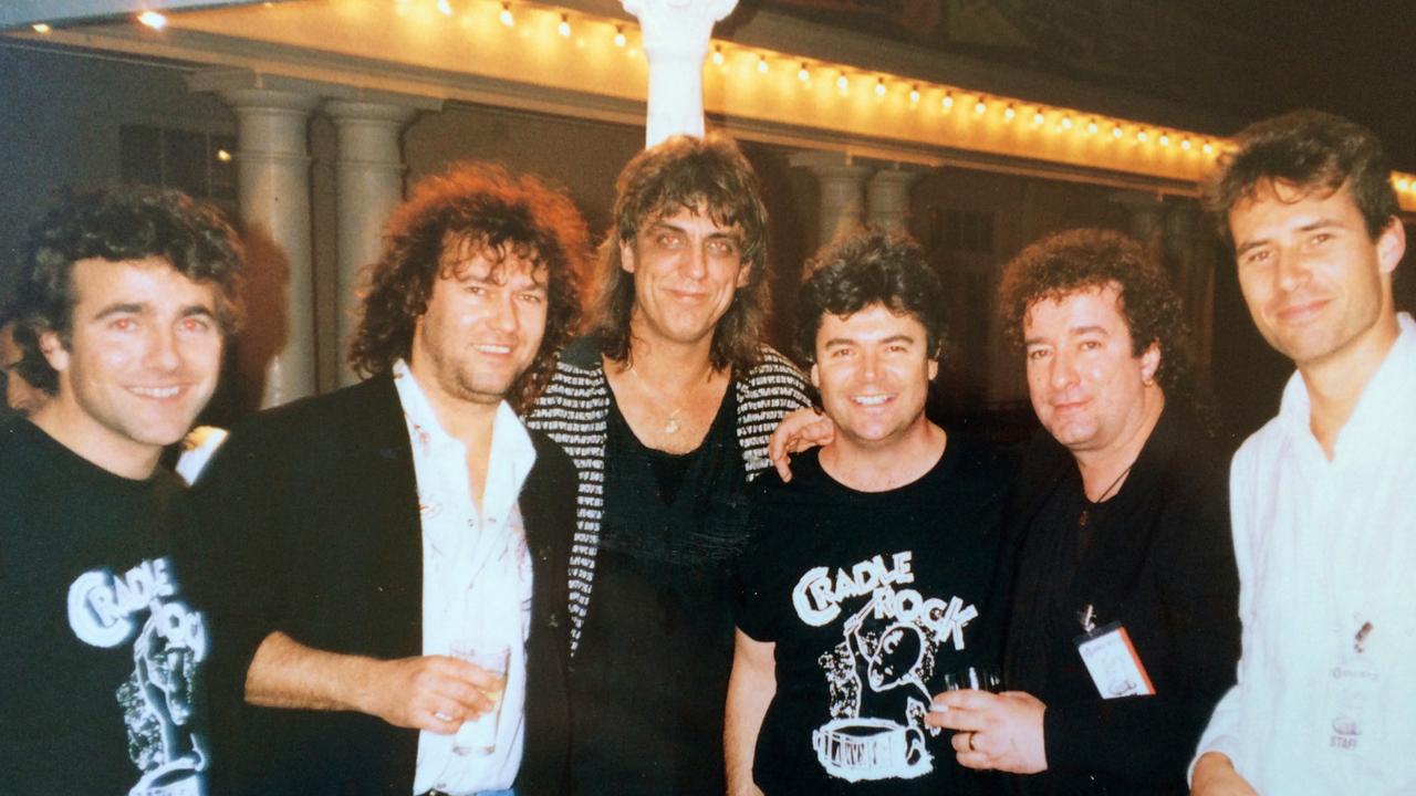 Paul Field, Jimmy Barnes, Jon English, Daryl Somers, John Swan and John Field at the Cradle Rock SIDS charity concert in 1989. Picture: Supplied