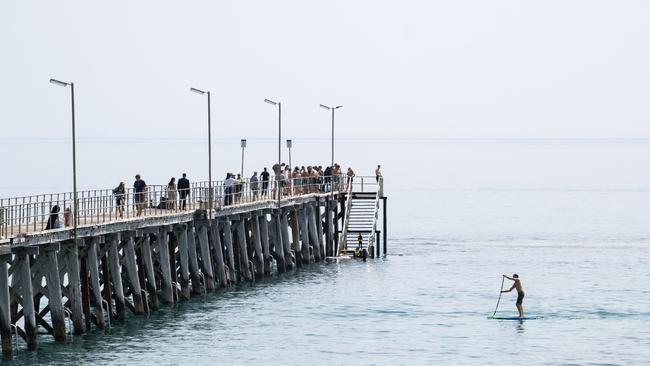 A man is seen paddle boarding at Port Noarlunga Beach where a woman has reportedly bitten on the face by a shark on Friday. Picture: NCA NewsWire / Morgan Sette