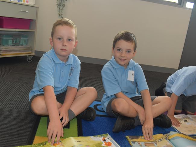 Preppies Elijah Smith and Elliot Hales, who are cousins, on their first day at St Gabriel's Primary School, Traralgon on January 30, 2025. Picture: Jack Colantuono