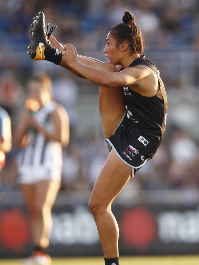 Darcy Vescio of the Carlton Blues kicks a goal against the Collingwood Magpies on March 2. Picture: AAP/Daniel Pockett