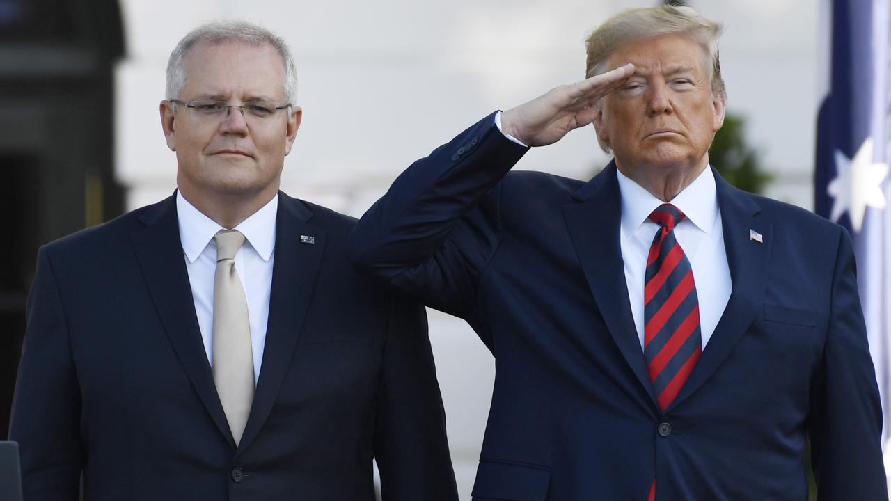 Australian Prime Minister Scott Morrison and US President Donald Trump listen to their National Anthems during a State Arrival Ceremony on the South Lawn of the White House in Washington, Friday, September 20, 2019. Picture: AP /Susan Walsh