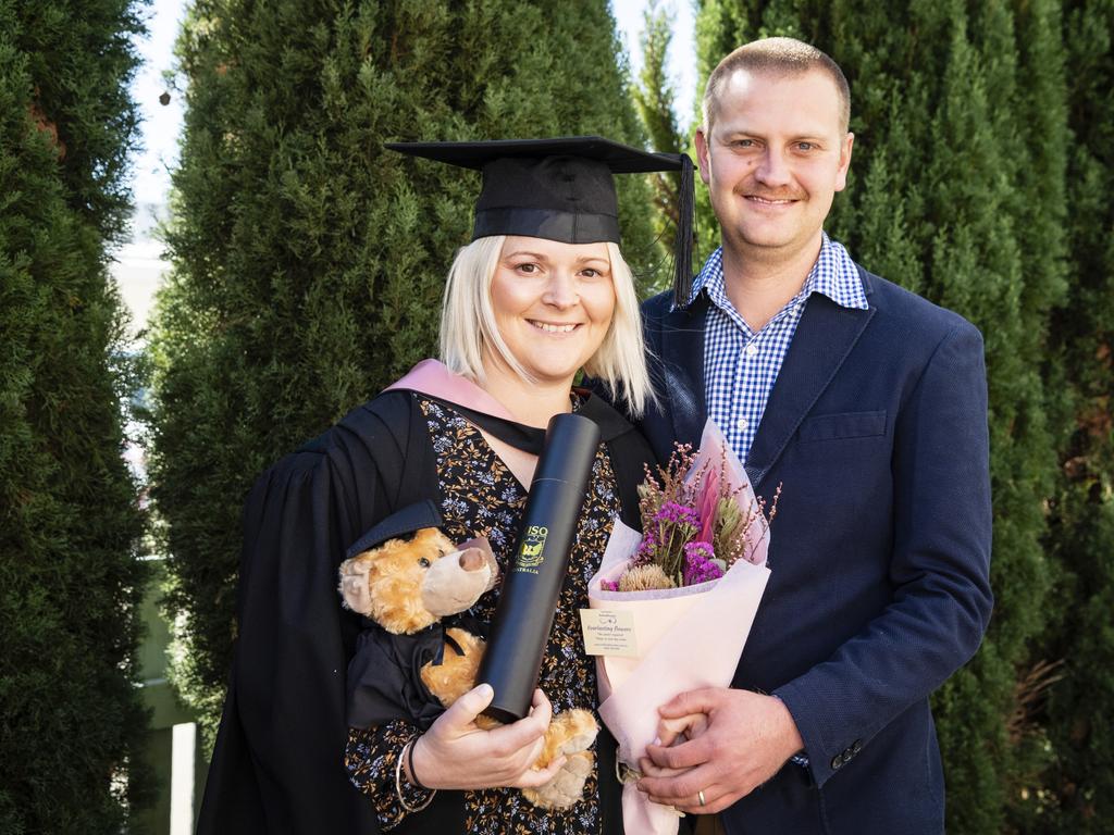 Bachelor of Education graduate Christine Taylor and husband Jaime Taylor travelled from their home in Tasmania for the UniSQ graduation ceremony at Empire Theatres, Tuesday, June 27, 2023. Picture: Kevin Farmer