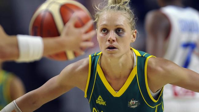 Australia's Erin Phillips guards France's Celine Dumerc, left, during the second half of a women's exhibition basketball game, Friday, July 29, 2016, in Bridgeport, Conn. (AP Photo/Jessica Hill)