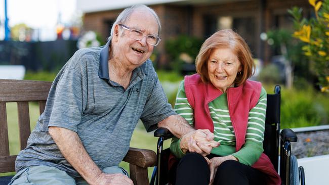 Garry Nixon, 83, and his wife, Bev, 82, at their aged-care home in Aberfeldie in Melbourne’s inner northwest. Picture: Aaron Francis