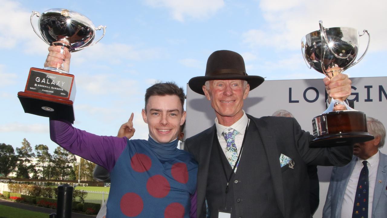 Trainer Danny Williams (right) and jockey Robbie Dolan celebreate Shelby Sixtysix's Group 1 win in the Galaxy. Picture: Grant Guy