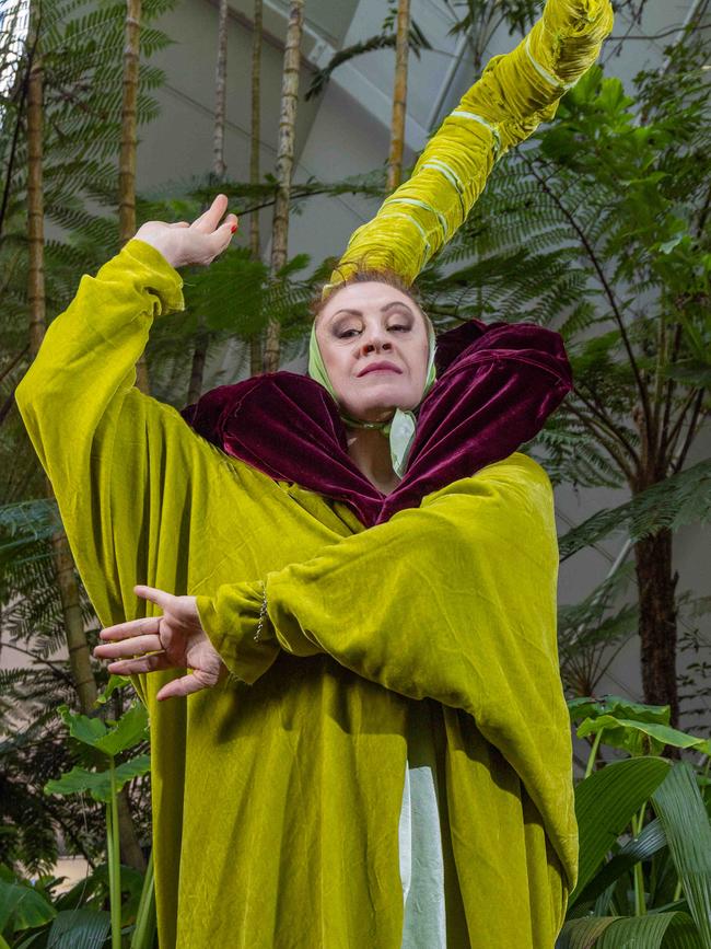 Lisa Landzi models the Corpse Flower outfit created by Nikki Sullivan for the Bloomin' Fabulous fashions event at the Adelaide Botanic Garden. Picture: Ben Clark