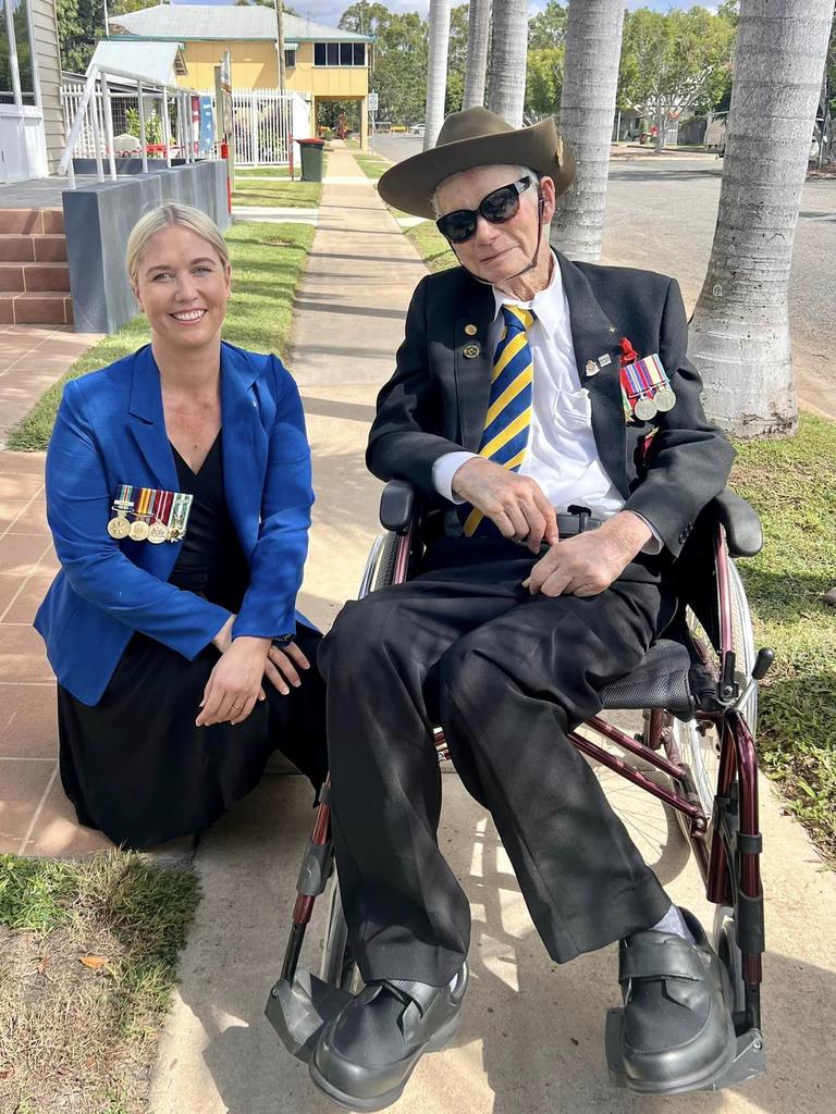 World War II veteran William Wallace Mervyn Bruce, pictured with Isaac Regional Council Deputy Mayor Kelly Vea Vea at the 2023 Anzac Day service in Nebo. Picture: Kelly Vea Vea