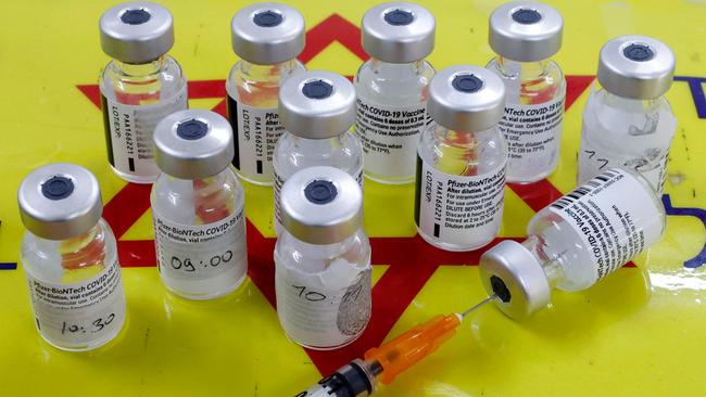 Vials of the Pfizer/BioNTech Covid-19 vaccine at a mobile vaccination centre in Tel Aviv. Picture: AFP.