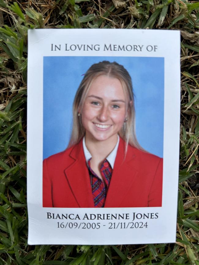 A prayer card given to mourners at Bianca Jones' funeral at Mentone Girls Grammar School.