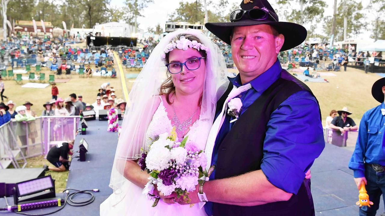 Simone Ward and Geoffrey Borninkhof, were married on the Hill Stage at Gympie Music Muster. Picture: Patrick Woods.