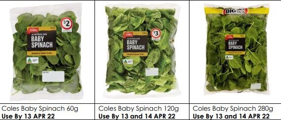 The recall applies to bags of ‘Coles Baby Spinach’ in sizes 60g, 120g and 280g that carry a use-by date of April 13 and 14, 2022. Picture: Food Standards