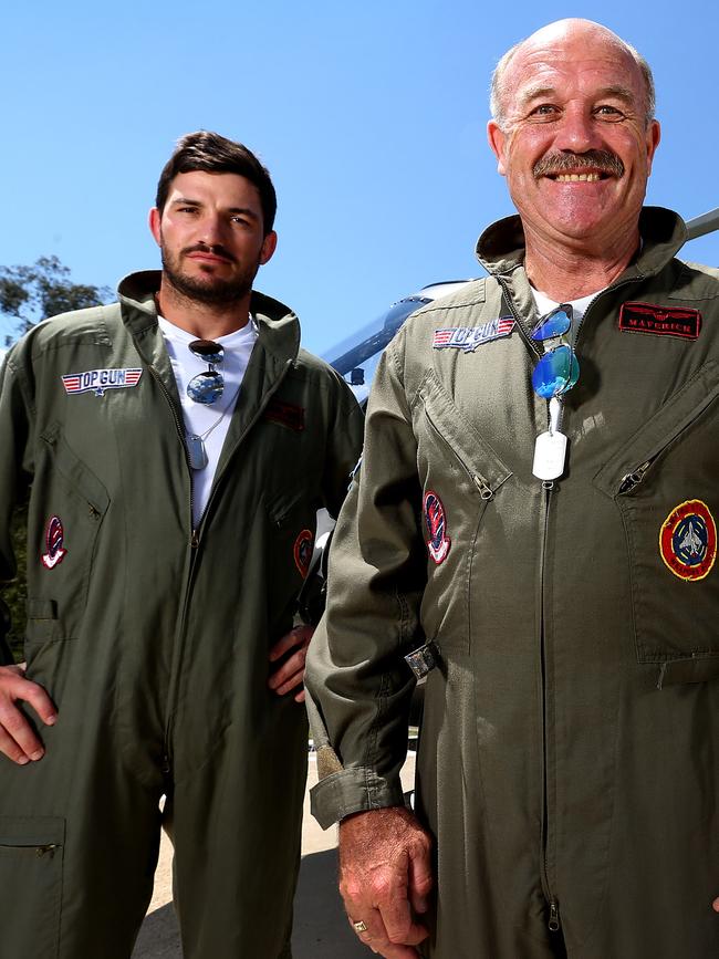 Matt Gillett and Wally Lewis doing one of many promo shots together. Picture: Adam Head