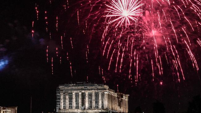 Fireworks explode over the ancient Acropolis in Athens. Picture: AFP