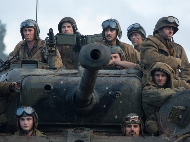 Brad Pitt (top left), Logan Lerman and Michael Pena (L-R at bottom) and Shia LaBeouf (top, third from right) in a scene from Columbia Pictures' film FURY.