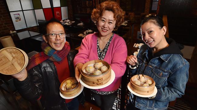 Late Night Yum Cha curator Tony Tan and chefs Mama from Shandong Mama and Tina Li from Dainty Sichuan. Picture: Nicki Connolly.