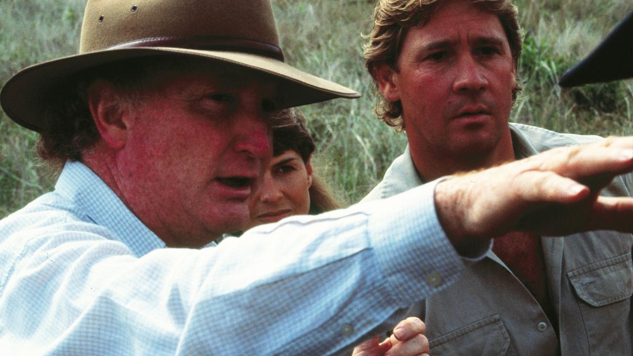 TV presenter adventurer crocodile hunter Steve Irwin with business manager John Stainton at Australia Zoo. Picture: Supplied.