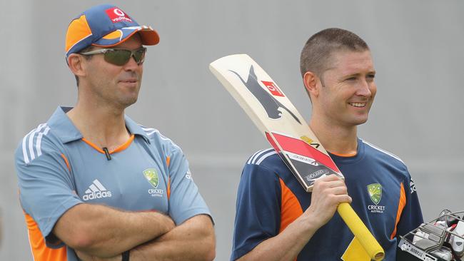 Michael Clarke (R) with Dene Hills in 2010. Picture: Hamish Blair/Getty