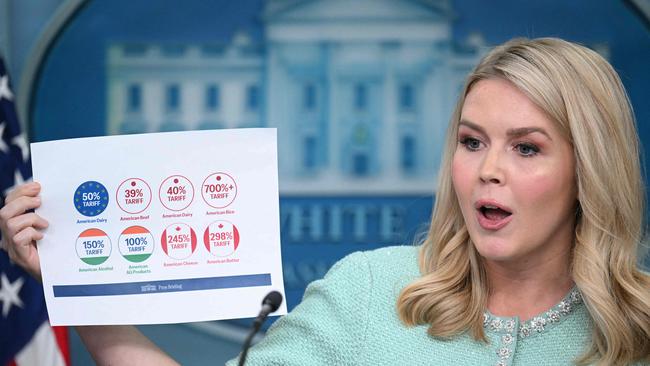 White House Press Secretary Karoline Leavitt holds up a piece of paper with information about tariff rates while speaking during the daily briefing in the Brady Briefing Room of the White House in Washington, DC, on March 11. Picture: AFP.