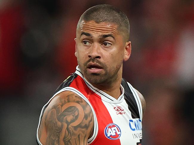 MELBOURNE, AUSTRALIA - JULY 07: Bradley Hill of the Saints runs with the ball during the round 17 AFL match between St Kilda Saints and Sydney Swans at Marvel Stadium, on July 07, 2024, in Melbourne, Australia. (Photo by Kelly Defina/Getty Images)