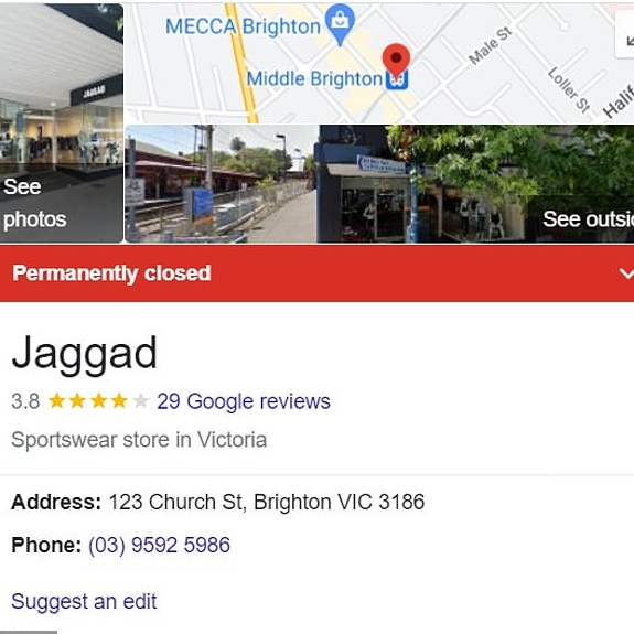 Jaggad’s only physical store in Melbourne has been closed. Picture: Google