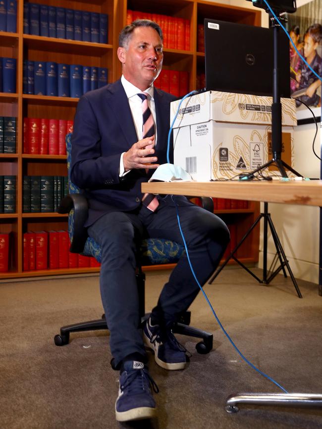 Business up top, casual down the bottom: Richard Marles attends Parliament from his Yarra street office. picture: Glenn Ferguson