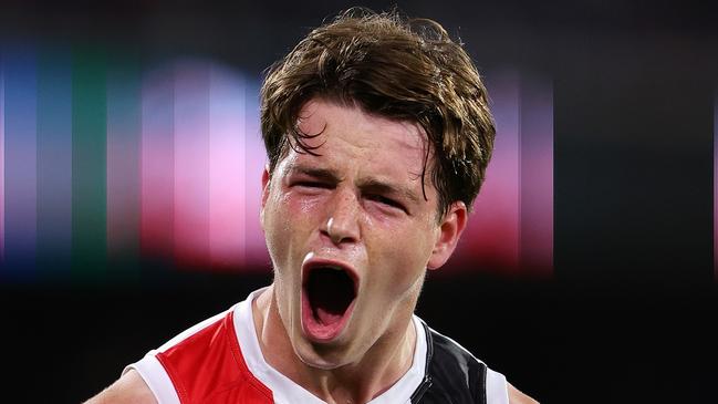 ADELAIDE, AUSTRALIA - APRIL 26: Mattaes Phillipou of the Saints celebrates a goal during the 2024 AFL Round 07 match between the Port Adelaide Power and the St Kilda Saints at Adelaide Oval on April 26, 2024 in Adelaide, Australia. (Photo by Sarah Reed/AFL Photos via Getty Images)