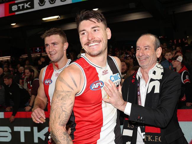 MELBOURNE, AUSTRALIA – JULY 07: Andrew Bassat, President of St Kilda Football Club celebrates with Josh Battle of the Saints during the round 17 AFL match between St Kilda Saints and Sydney Swans at Marvel Stadium, on July 07, 2024, in Melbourne, Australia. (Photo by Kelly Defina/Getty Images)