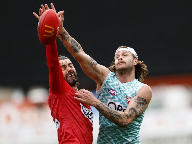 Peter Ladhams will be on the plane to Perth as the Swans consider playing two specialised rucks against Freo’s Sean Darcy and Luke Jackson. Picture: Phil Hillyard