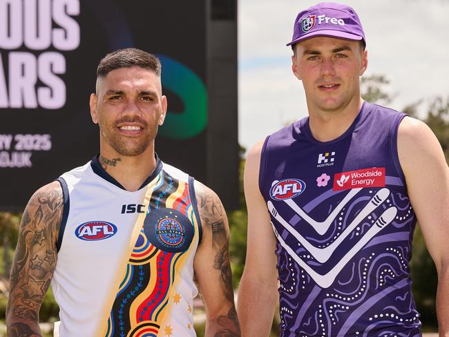 PERTH, AUSTRALIA - OCTOBER 22: Michael Walters & Jordan Clark of the Dockers pose for a photo during an Indigenous All Stars media announcement at Optus Stadium on October 22, 2024 in Perth, Australia. (Photo by Stefan Gosatti/AFL Photos/via Getty Images)