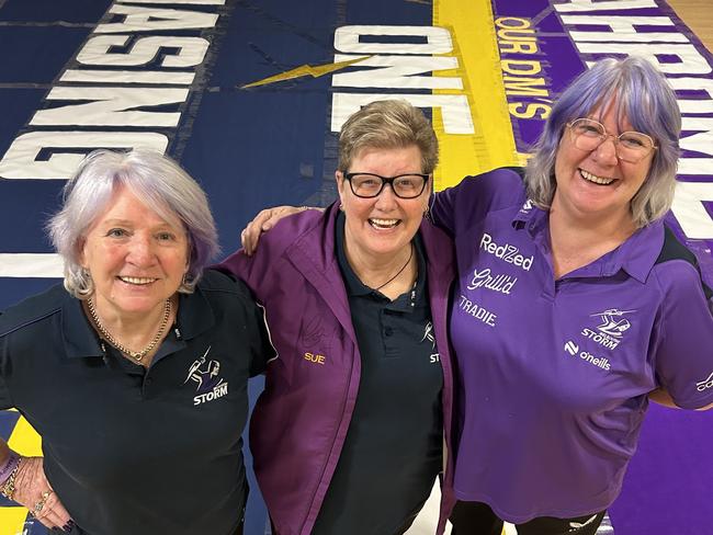 Melbourne Storm mega-fans, Linda Hutchins, Sue Levy and Wendy Gillam.