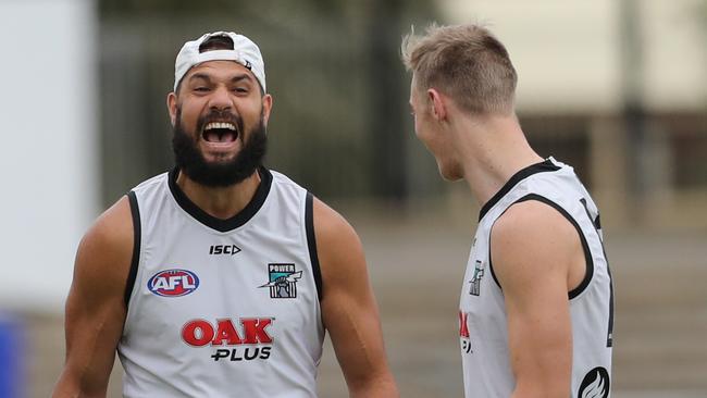 Paddy Ryder and todd Marshall at Alberton Oval on Thursday. Picture: TAIT SCHMAAL.