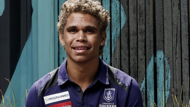 MELBOURNE, AUSTRALIA - NOVEMBER 28: Liam Henry of Fremantle poses for a photo during a AFL Draft media opportunity at Docklands Park on November 28, 2019 in Melbourne, Australia. (Photo by Darrian Traynor/Getty Images)