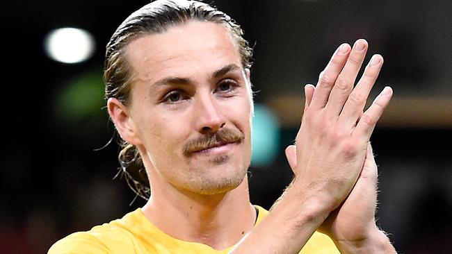 BRISBANE, AUSTRALIA - SEPTEMBER 22: Jackson Irvine of Australia thanks fans after the International Friendly match between the Australia Socceroos and the New Zealand All Whites at Suncorp Stadium on September 22, 2022 in Brisbane, Australia. (Photo by Matt Roberts/Getty Images)