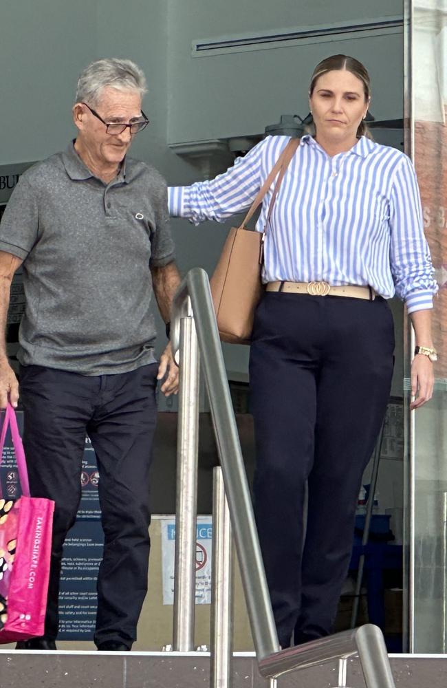 Daniel Duffy and his daughter's best friend of 20 years Kasey Mitchell leaving Rockhampton court after giving evidence in the Supreme Court trial of Mr Duffy's former son-in-law Portmoresbey Cecil who has pleaded not guilty to murder but guilty to manslaughter of Mr Duffy's wife, Susan Margaret Duffy, on August 21, 2022.