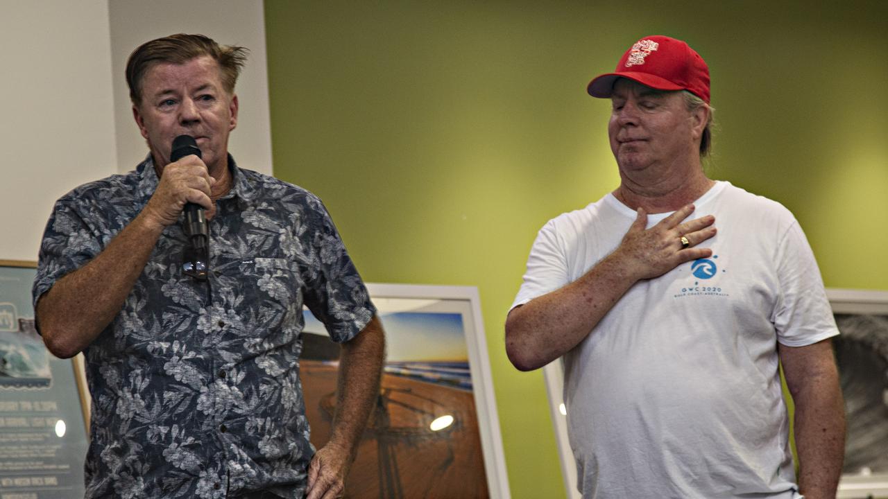 Wayne 'Rabbit" Bartholomew with Andrew McKinnon at the launch of Ocean Surf Exhibition