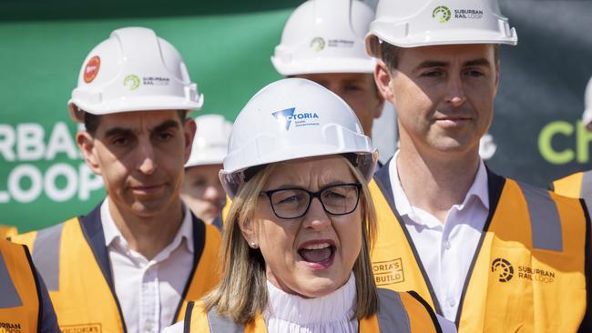 Jacinta Allan inspects early works of the Suburban Rail Loop in Clayton. Picture: Wayne Taylor