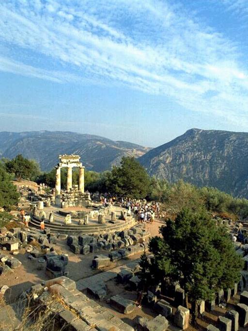 Fourth century temple ruins in Delphi, Greece.