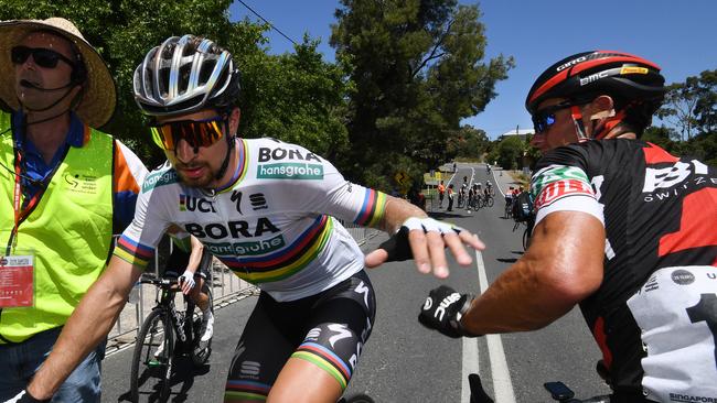 World Champion Peter Sagan congratulated by Australian rider Richie Porte after winning stage four of the 2018 Tour Down Under. Picture: Dan Peled/AAP