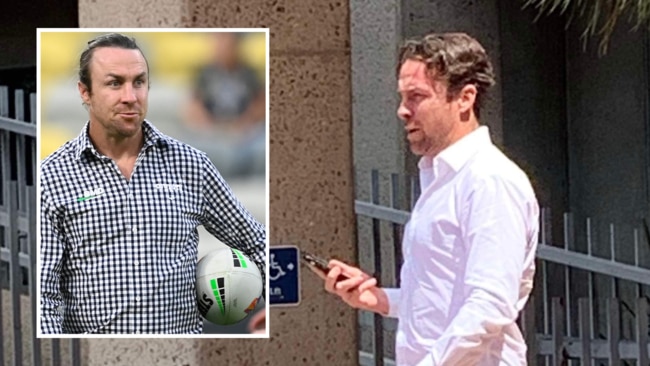 James Maloney leaving Townsville Magistrates Court on Tuesday after pleading guilty to a drink driving charge. Picture: Jami Roberts/ Inset image: Getty Images